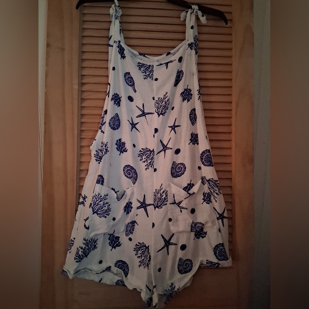 White & Navy Sea Print Tie-Shoulder Romper